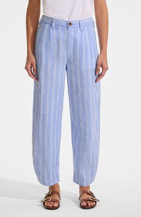Lands End Tall Linen High Rise Pleated Barrel Leg Ankle Pants in Clear Blue Sky Double Stripe at Nordstrom, Size 8