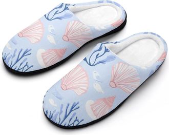 Generic Colorful Seashells And Corals Mens House Slippers Memory Foam Washable Cotton Slip on Home Shoes