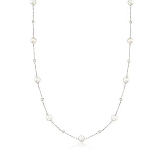 Ross-Simons 6-7mm Cultured Pearl and. Diamond Station Necklace in 14kt White Gold
