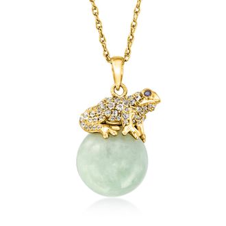 Ross-Simons Jade and. White Topaz Frog Pendant Necklace With Black Sapphires in 18kt Gold Over Sterling
