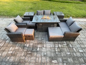 Fimous Outdoor Garden Furniture Sets 10 Pieces Wicker Rattan Furniture Gas Firepit Dining Table Sofa Set with 3 Footstools in Dark Grey