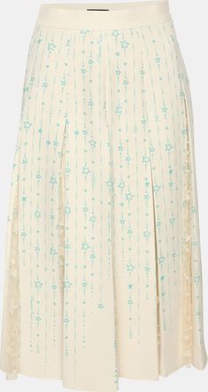 Elisabetta Franchi Cream/green Stretch Crepe And Lace Star Print Pleated Midi Skirt