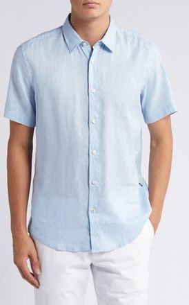 BOSS Liam Slim Fit Solid Short Sleeve Linen Blend Button-Up Shirt in Lt Past/bu at Nordstrom Rack, Size Medium