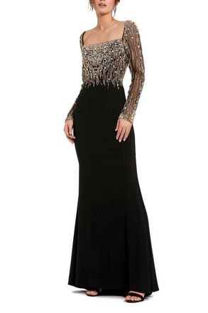 Mac Duggal Beaded Square Neck Long Sleeve Jersey Gown in Black Gold at Nordstrom, Size 16