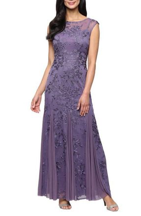 Alex Evenings Embroidered Cap Sleeve Gown in Icy Orchid at Nordstrom, Size 10P