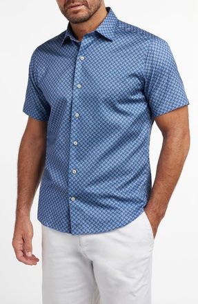 David Donahue Neat Print Short Sleeve Cotton Button-Up Shirt in Navy at Nordstrom, Size Xx-Large