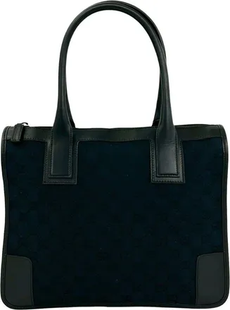 Gucci Black Dark Navy Leather Canvas Handbag Tote Bag (Pre-Owned)