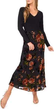 Ted Baker Mixed Media Long Sleeve Midi Dress in Rich Black at Nordstrom, Size X-Large