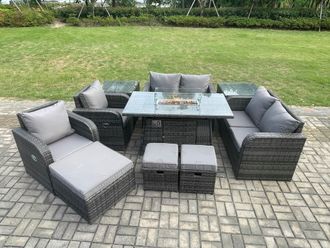 Fimous 9 Seater Rattan Garden Furniture Set Propane Gas Fire Pit Table & Sofa Chair set with 3 Footstool 2 Side Tables in Dark Grey