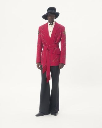 Valentino Giacca Ricamata Con Cintura Valentino In Lana Grain De Poudre Uomo ROSSO CILIEGIA 46