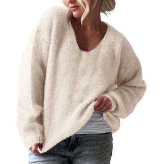 Generic Fluffy V Neck Oversized Jumpers for Women UK Soft Warm Long Sleeve Pullover Relaxed Fit Fuzzy Knit Chunky Sweater Top Cozy Casual Loungewear for Daily