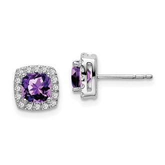 Diamond2Deal 14k White Gold Cushion Amethyst and Diamond Halo Stud Earrings