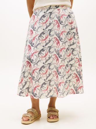 Tommy Hilfiger A-Linien-Rock TOMMY HILFIGER CURVE CRV ESS LINEN FLARE SKIRT, Damen, Gr. 48, leopard baroque rwb, Web, Obermaterial: 100% Leinen, bedruckt, regular fi