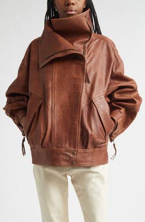 Balmain High Collar Leather Bomber Jacket in 8Eh Brown at Nordstrom, Size 10 Us