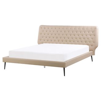 Beliani Cama Tapizada En Piel Sint&eacute;tica Beige 160 X 200 Cm Dise&ntilde;o Moderno Cabecero Acolchado Essonne