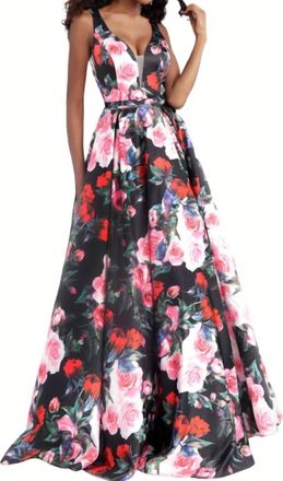 Jovani Printed A-Line Ballgown In Black/floral