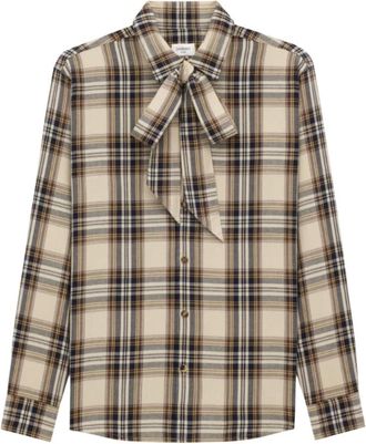 Saint Laurent Katoenen Tartan Lavalli&egrave;re Shirt met Strik - Dames - Overhemden - Beige - M - Katoen - Overhemden
