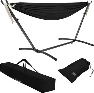 ML Design Ml-design Hamaca Doble Con Estructura De Acero Negro Espacio Para 2 Personas Silla Colgante Xxl Con Soporte Y Bolsa De Transporte Incluida Balanc&iacute;n De