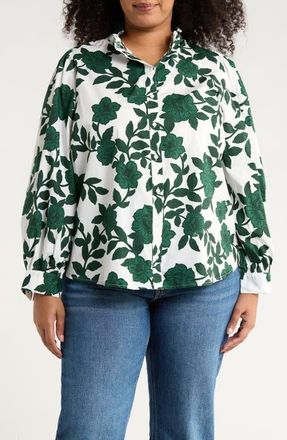 Sugarlips Kane Floral Cotton Ruffle Button-Up Shirt in White-Forest at Nordstrom, Size 1X