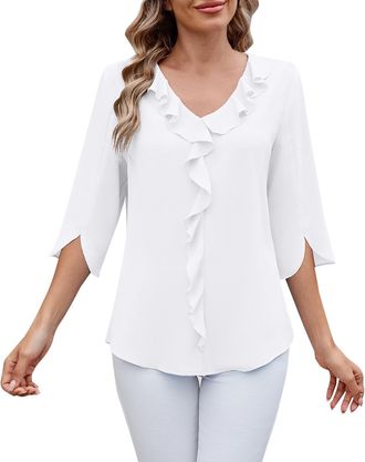Generic Womens Plus Size Dressy Casual Top - 3/4 Length Sleeve V Neck with Ruffle, Chiffon Material, Summer Loose Fit, Elegant Tunic Shirt(White, XXL)