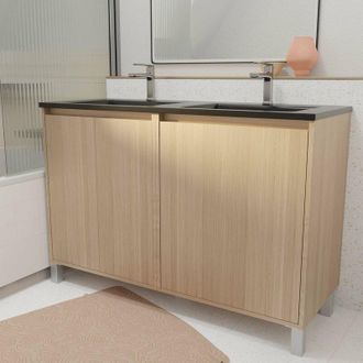 Aurlane Mueble De Ba&ntilde;o 120 Cm 4 Puertas Roble Claro+ Lavabo Doble Cer&aacute;mica Negra