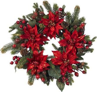 Nearly Natural 24-in Poinsettia & Berry Wreath in Red at Nordstrom