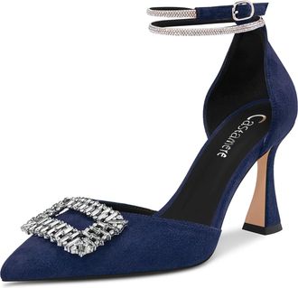 Castamere Women High Chunky Block Heel Diamond Crystal Ankle Strap Pointed Toe Pumps Court Shoe Cute 8.5 CM Heels Navy Blue Suede 6 UK