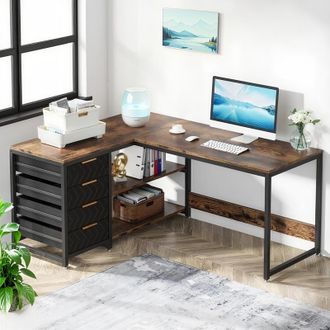 OEM Scrivania Angolare A L Con Ripiani, Reversibile, A L, 3 Cassetti E Ripiani, Per Ufficio In Casa, 150 X 110 X 75 Cm, Marrone