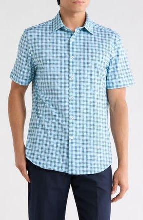 Bugatchi Short Sleeve Stretch Cotton Button-Up Shirt in Ice at Nordstrom Rack, Size Xxx-Large