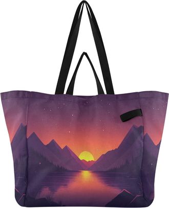 Generic Mountain Lake Sunset Purple print Reusable Canvas Tote Bag, Heavy Duty Grocery Shopping Bag with Double Handles Hard Bottom Large Capacity Work Grocer