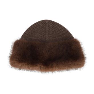 DIEGO M Muts van imitatiebont met geribbelde gebreide inzetstukken - unisex - Accessoires - Bruin - Maat: S