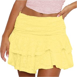 Generic Womens Ruffle Mini Skirts Lace Layered Short Skirts Womens Frill Elasticated Waist A Line Skirts Ladies Floral Print Flowy Pleated Skirts Solid Color 