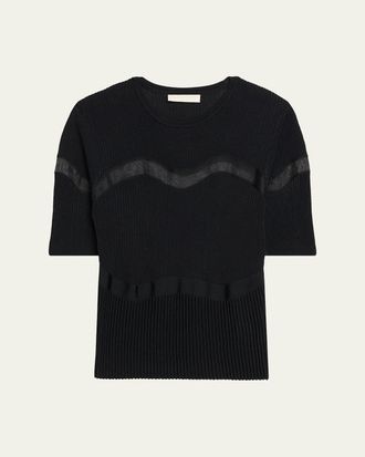 Ulla Johnson Ayla Wavy-Inset Short-Sleeve Rib Top