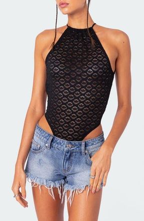 Edikted Lace Halter Open Back Sheer Bodysuit in Black at Nordstrom, Size X-Small