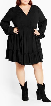 City Chic Mira Long Sleeve Tiered Minidress in Black at Nordstrom, Size Xxl