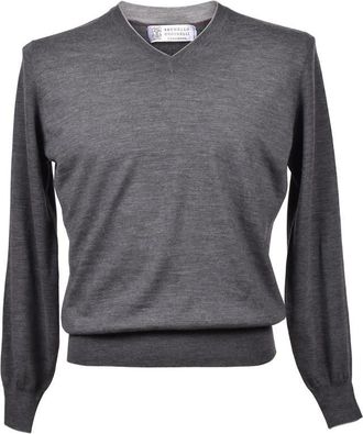 Brunello Cucinelli Gray Virgin Wool V-Neck Sweater, Brand Size 46 (US Size 36)