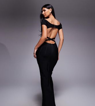 KAIIA Esclusiva Kaiia - Vestito lungo fasciante premium modellante nero con scollo alla Bardot