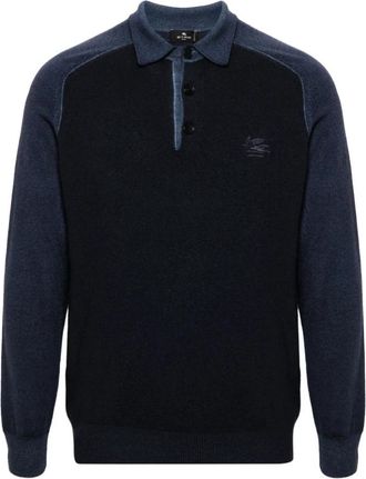Etro Blauw Langemouw Geborduurd Poloshirt - Heren - Polos - Blauw - 2XL - Wol - Tops