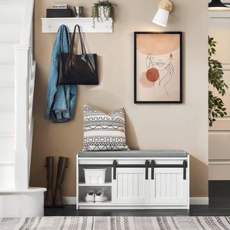 SoBuy Shoe Cabinet with Seat - Sliding Barn Doors Farmhouse in White