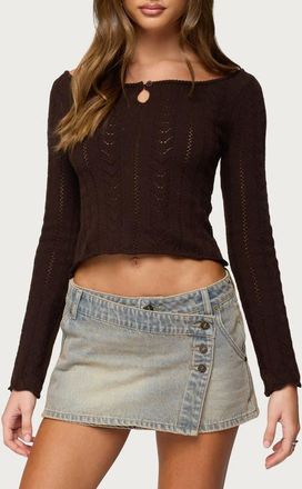 Edikted Khari Pointelle Wide Neck Long Sleeve Crop Top in Brown at Nordstrom, Size X-Large