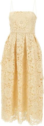 Rotate 3D Lace Flared Midi Jurk - Dames - Casual kleedjes - Geel - XS - Polyester - Kleedjes