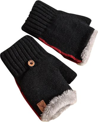 Generic Womens Gloves Winter Plush Half Finger Thickened Open Finger Flap Riding Outdoor Cold Winter Warmth Running Gloves (Black, One size)
