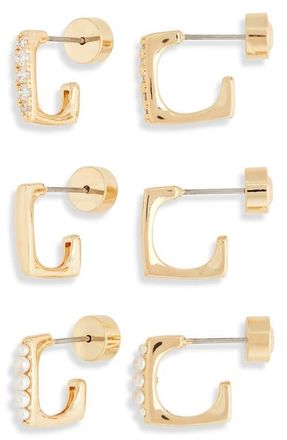 Nordstrom Demi Fine Set of 3 Faux Pearl & Cubic Zirconia Hoop Earrings in White- 14K Gold Plated at Nordstrom