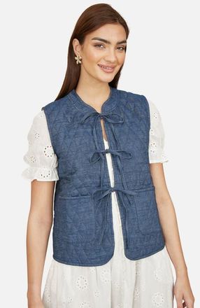 Yumi Reversible Quilted Tie-Front Waistcoat in Blue at Nordstrom, Size 12