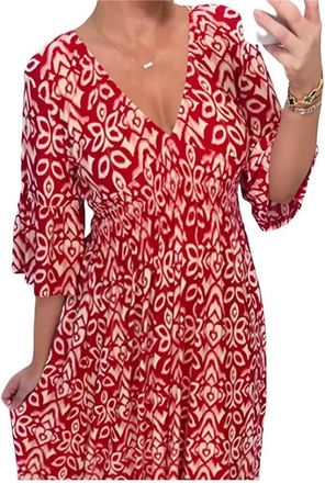 Generic Emily Charm Dresses Janisie Bohemian Dress for Women Janisie - Bohemian Casual Print V-Neck Shirred Waist Long Dress Summer Dress for Women (3XL,Red)