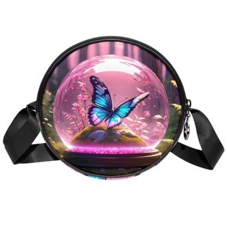 Generic Circle Crossbody Bag for Women, Butterfly Crystal Ball Small Sling Bag Daypack with Zipper Adjustable Shoulder Straps Casual Ladies Girls Round Purse