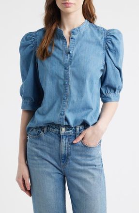 Madewell Band Collar Puff Sleeve Denim Button-Up Shirt in Coastal Blue Wash at Nordstrom, Size 12