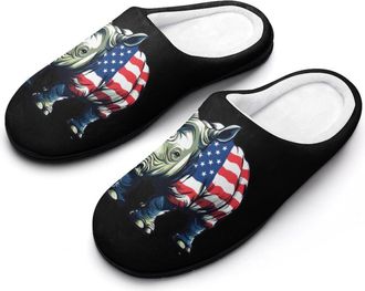 Generic Rhinoceros 4th Of July Rhino Womens Slippers Warm House Slippers Indoor House Shoes with Anti-Skid Rubber Sole