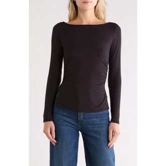 Madden Girl Boat Neck Long Sleeve Ruched Top in Black at Nordstrom Rack, Size X-Large