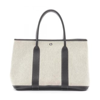 Herm&egrave;s Black Ecru Gray Toile H Leather Tote Bag (Pre-Owned)